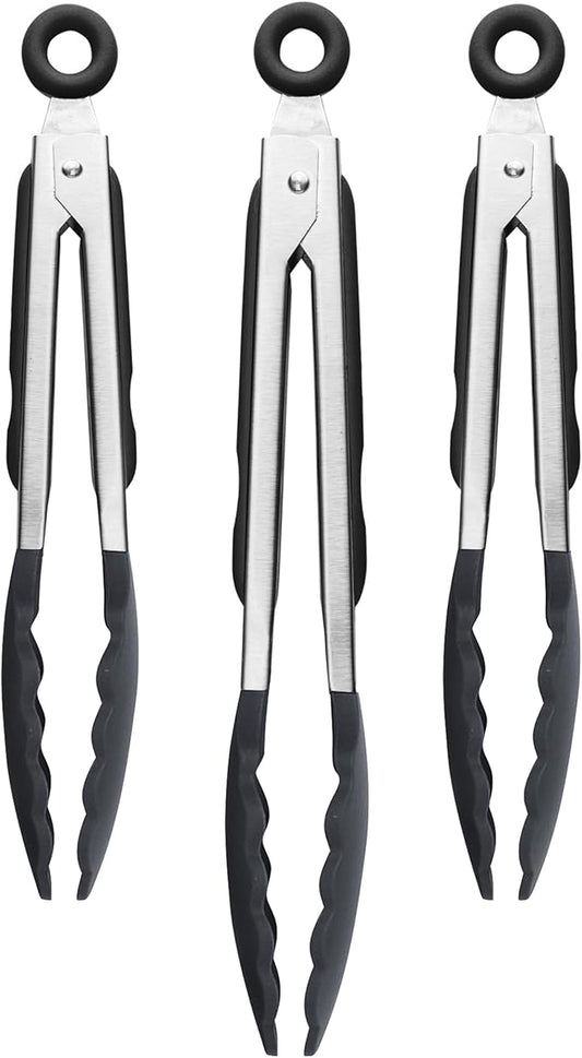 Tovolo Stainless Steel Tongs with Silicone Tips 9” 9” 12 Inch Black Heat Resistant Kitchen Tongs for Cooking Grilling Air Fryer, Stainless Steel Dishwasher Safe Metal Tongs BPA Free Set of 3