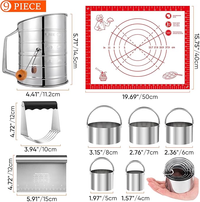 9PCS Stainless Steel Pastry Blender Set, 3 Cup Flour Sifter, Biscuit Cutter, Pastry Cutter, Dough Cutter, Silicone Baking Mats, for Cooking Cookies and Donuts, Cakes, Biscuits or Making Pancakes - Image 2