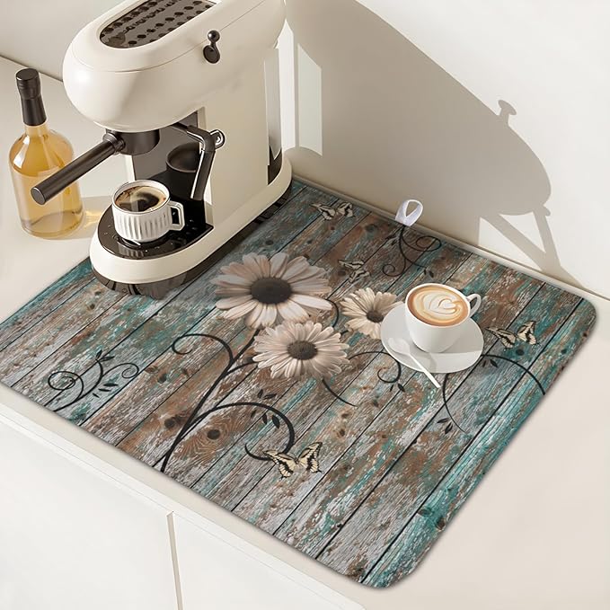 Dish Drying Mat for Kitchen Counter 16 x 18 Inch Rustic Vintage Daisy Floral Dish Drainer Mat Absorbent Microfiber Farmhouse Flowers Wooden Board Dish Rack Pad for Coffee Dining Bar Decor