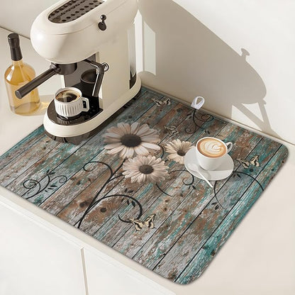 Dish Drying Mat for Kitchen Counter 16 x 18 Inch Rustic Vintage Daisy Floral Dish Drainer Mat Absorbent Microfiber Farmhouse Flowers Wooden Board Dish Rack Pad for Coffee Dining Bar Decor