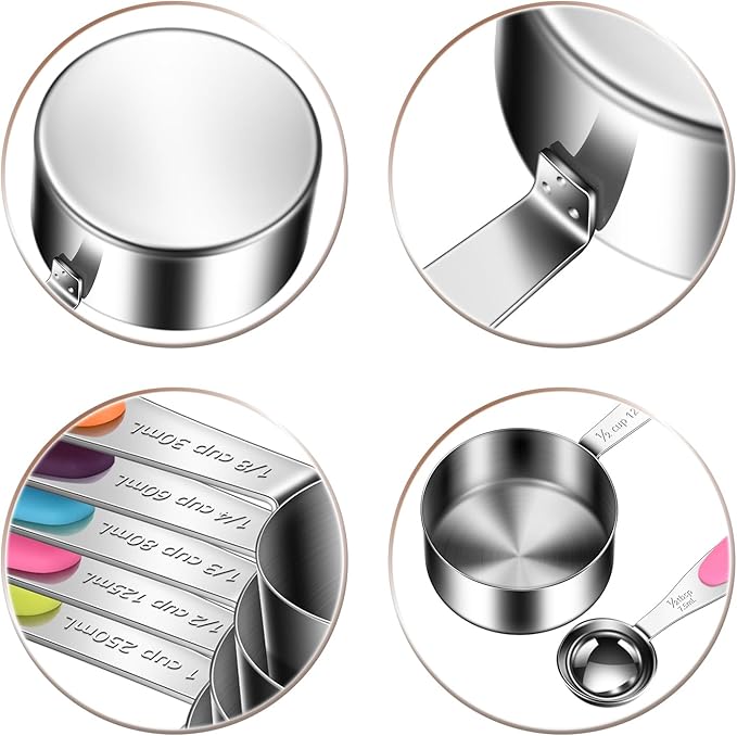 10-Piece Measuring Cups and Spoons Set, 304 Stainless Steel with Color-Coded Silicone Handles, Engraved Metric/US Measurements, Stackable & Detachable, Dishwasher Safe