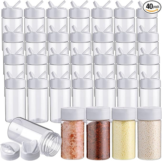 Mimorou 40 Pack Plastic Spice Jar with Shaker Lids Seasoning Containers 3.5 oz Plastic Spice Container with Lids Seasoning Jars for Kitchen Storing Powder (White)