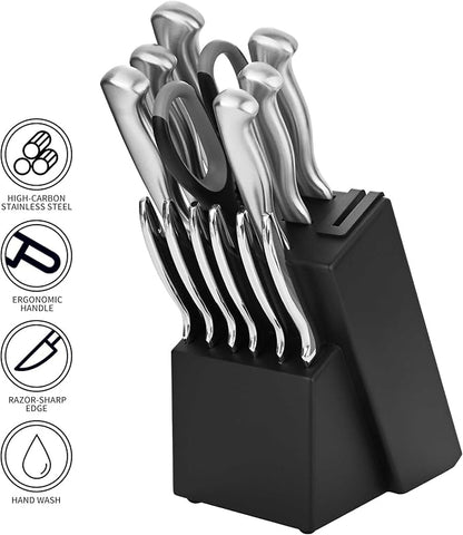 15-Piece Stainless Steel Chef Kitchen Knife Sets with Block & Built-In Sharpener, Professional Chef Knife Sets with Scissors, Steak Knives