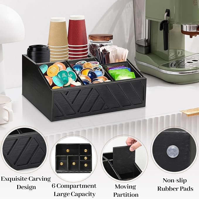ugiftt Coffee Station Organizer for Counter, Wood Coffee Pods Holder Storage Basket, Tea Condiment Storage Organizer, Rustic Bar Decor for Accessories Organizer - Image 7
