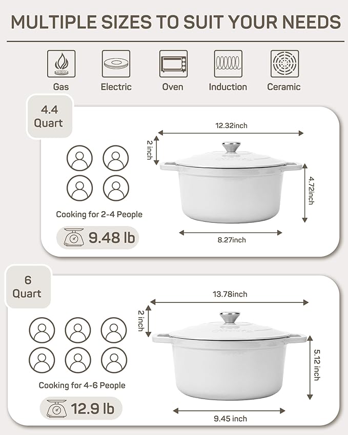 Ciwete Enameled Cast Iron Dutch Oven – 4.4 Quart Pot with Lid & Potholders – Heavy-Duty Cookware for Bread Baking, Braising, Stews & Roasting – Oven & Stovetop Safe up to 500°F – Off White