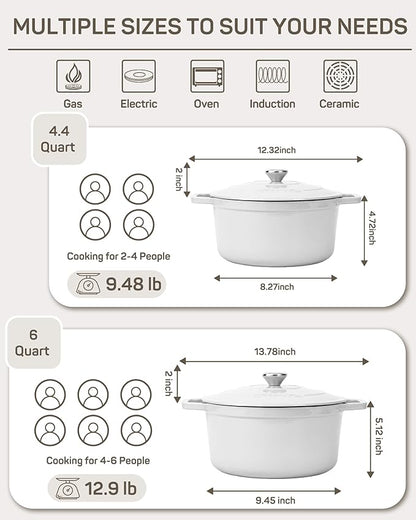 Ciwete 6 QT Dutch Oven Pot with Lid, Enameled Cast Iron Dutch Oven for Bread Making, Braiser, Cooking, Dual Handles, Oven Safe up to 500° F or on Stovetop, Gifts for Family - Off White