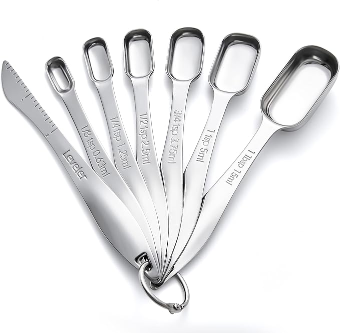 Rainspire Heavy Duty Measuring Spoons Set Stainless Steel, Metal Measuring Cups and Spoons Set for Dry or Liquid, Fits in Spice Jar, Home Gadgets Kitchen Gadgets, Set of 7 Including Leveler by Rainspire