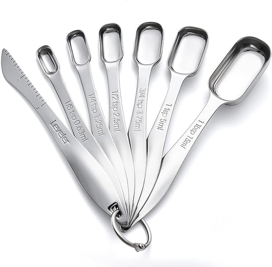 Rainspire Heavy Duty Measuring Spoons Set Stainless Steel, Metal Measuring Cups and Spoons Set for Dry or Liquid, Fits in Spice Jar, Home Gadgets Kitchen Gadgets, Set of 7 Including Leveler by Rainspire