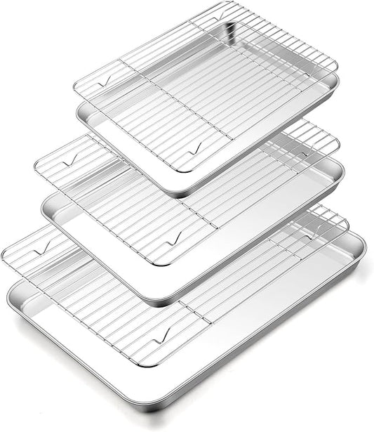 TeamFar Baking Sheet with Rack Set (3 Pans + 3 Racks), 16/12.5/10.5 Inch Stainless Steel Cookie Sheets Baking Pans Trays and Cooling Racks for Cooking Roasting, Non-Toxic & Heavy Duty, Dishwasher Safe