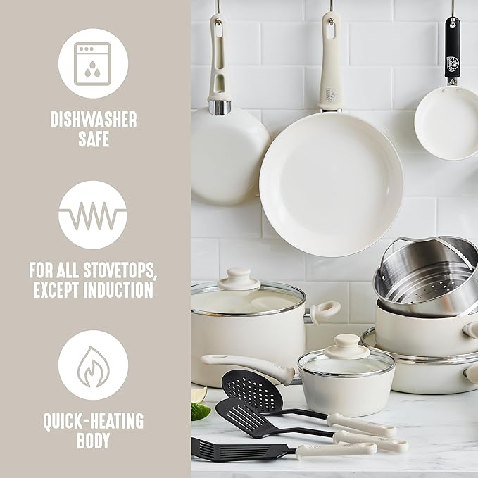 GreenLife Soft Grip 16 Piece Cookware Set, Non-Toxic PFAS-Free Ceramic Nonstick, Frying, Sauce, Saute, Utensils, Glass Lids, Stay-Cool Handles, Wobble Free, Dishwasher & Oven Safe, Cream - Image 5