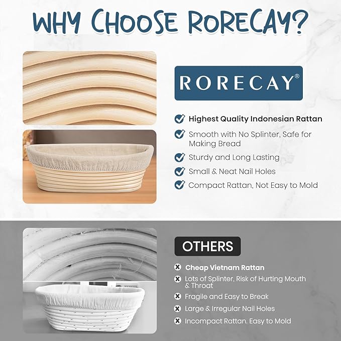 Rorecay Banneton Bread Proofing Baskets Set of 2, 10 Inch Oval Cane Sourdough Bread Rising Basket Bowls with Sourdough Bread Lame Dough Scraper Basting Brush for Sour Dough Proofing Fermentation - Image 8
