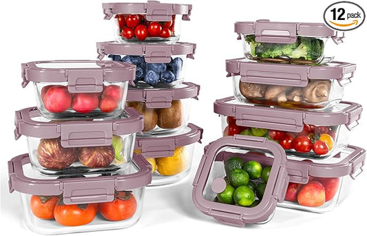12-Pack Glass Containers with Tempered Lids – Borosilicate, Oven-Safe(-4°F~950°F), Airtight, BPA-Free, Multi-Size for Meal Prep, Dishwasher Safe, 1.6 cups to 6.4 cups (Pink)