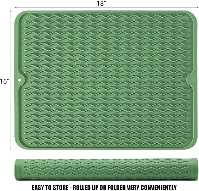 Silicone Dish Drying Mat for Multiple Usage, Easy clean, Eco-friendly, Heat-resistant Dish Drainer Mat for Kitchen Counter,Sink,Refrigerator or Drawer liner (18" x 16", Dark Green) - Image 2