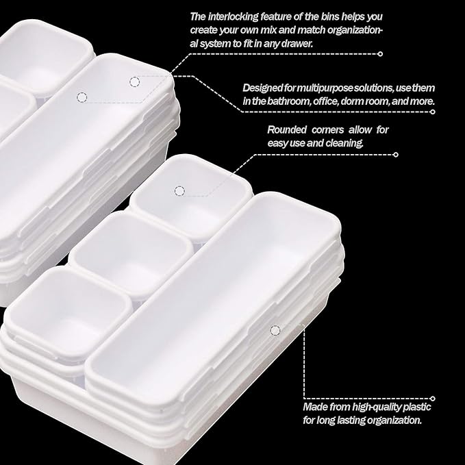 TENABORT 42 Pack Interlocking Desk Drawer Organizer Tray Dividers Plastic Shallow Narrow Drawers Organizers Separators Storage Bins Container for Kitchen Bathroom Makeup Office Vanity Dresser White - Image 3
