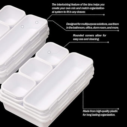 TENABORT 42 Pack Interlocking Desk Drawer Organizer Tray Dividers Plastic Shallow Narrow Drawers Organizers Separators Storage Bins Container for Kitchen Bathroom Makeup Office Vanity Dresser White - Image 3