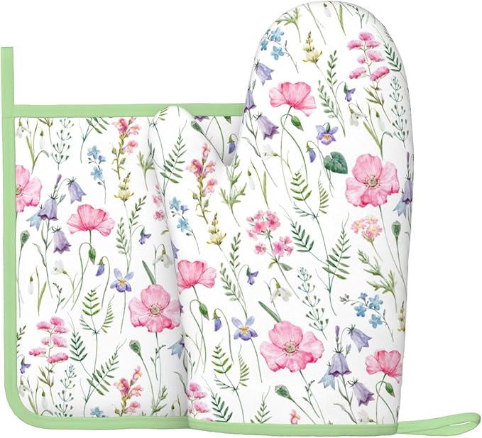 Pink Floral Silicone Oven Mitts Pan Mats Set of 2, Heat Resistant Gloves Potholder with Non-Slip Grips Hanging Loops Pot Holder, Spring Summer for Chef Cooking, Baking, Grilling, BBQ