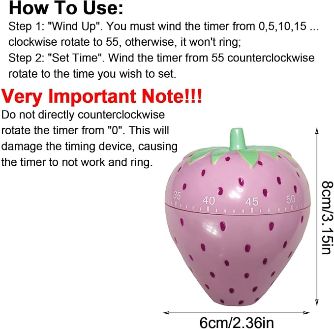 Cute Fruit Cookie Kitchen Timer | Novelty Manual Cooking Alarm | Fun Shaped Mechanical Strawberry Windup for Home Desktop Decor