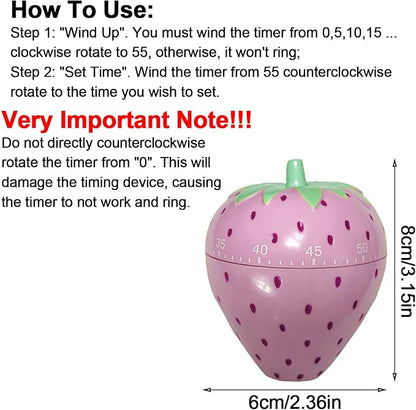 Cute Fruit Cookie Kitchen Timer | Novelty Manual Cooking Alarm | Fun Shaped Mechanical Strawberry Windup for Home Desktop Decor