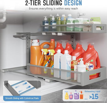 1 Pack 19IN Depth Under Sink Storage Organizer, Large 2-Tier Elegant Mesh Pull Out Shelf for Kitchen and Bathroom Cabinet Organization, L-Shaped and Adjustable Height Design-Gun Gray - Image 5