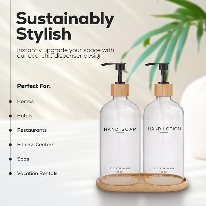 Clear Glass Soap and Lotion Dispenser Set with Tray by Brighter Barns - Hand Soap Dispenser Bathroom Set - Liquid Soap Dispenser and BPA-Free Pump - Neutral Home Decor & Modern Bathroom Accessories - Image 2