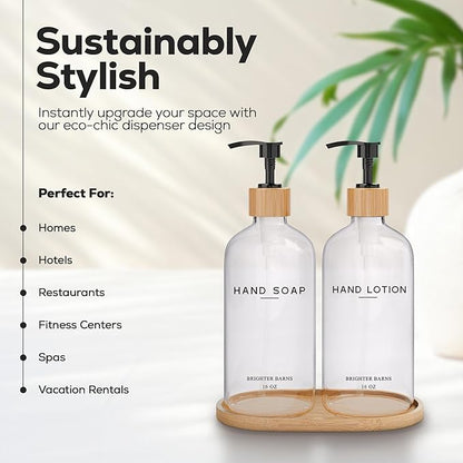 Clear Glass Soap and Lotion Dispenser Set with Tray by Brighter Barns - Hand Soap Dispenser Bathroom Set - Liquid Soap Dispenser and BPA-Free Pump - Neutral Home Decor & Modern Bathroom Accessories - Image 2