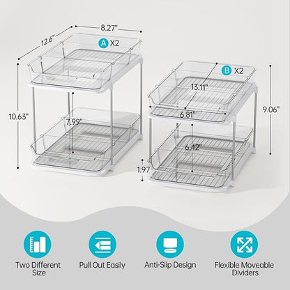 Delamu 4 Pack 2-Tier Bathroom Under Sink Organizers and Storage, Multi-Purpose Stackable Pantry Organization and Storage, Pull Out Clear Kitchen Bathroom Cabinet Organizer with Movable Dividers, White - Image 2