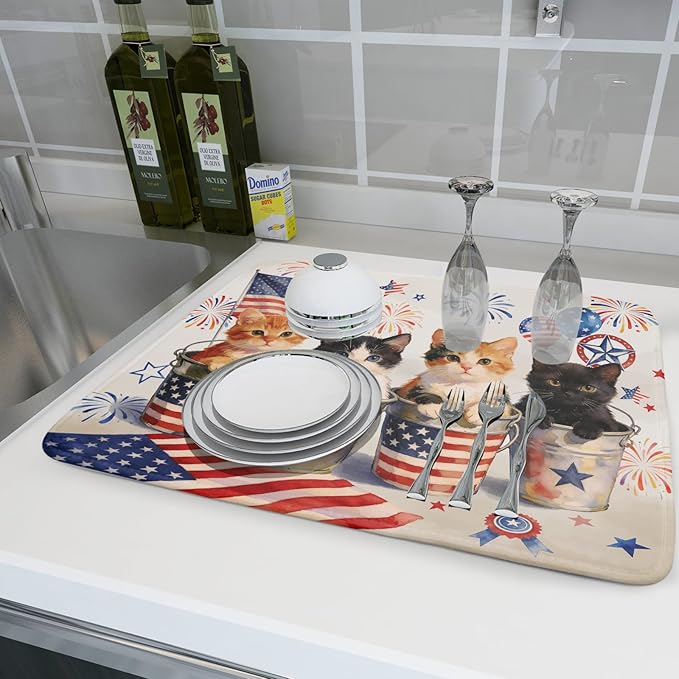 Vintage Patriotic Dish Drying Mat Cute Cats American Flag Drying Matt Kitchen Counter for Home Decor - Image 6