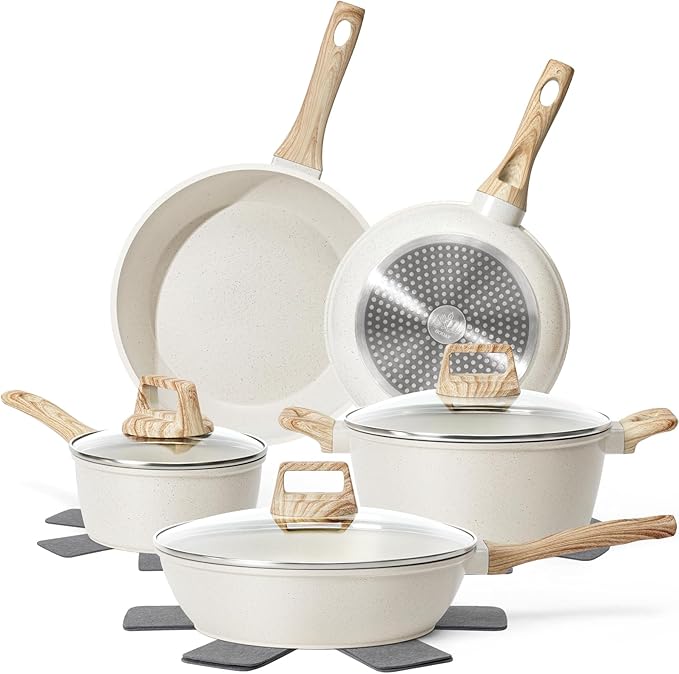 SODAY 12 Pcs Pots and Pans Set Non Stick, Cookware Sets White Granite Induction Cookware, Non-toxic Healthy Nonstick Kitchen Cooking Set with Frying Pan Set, Saucepans (PFAS/PFOA/PFOS Free) by SODAY