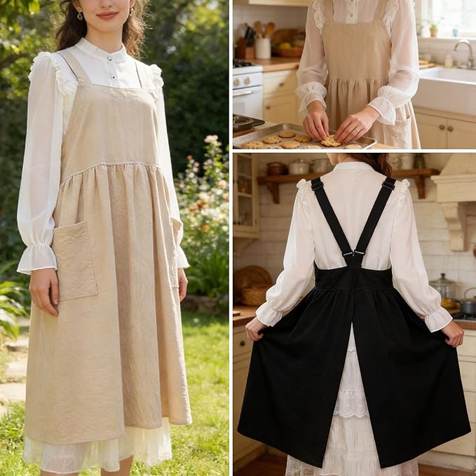 Uaussi Cotton Linen Apron Cross Back Work Apron for Women with Pockets Pinafore Dress X Cross Halter Apron for Chef Gardening - Image 5