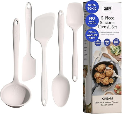GIR 5-Piece Silicone Kitchen Utensils Set, Non-Toxic Cooking Utensils for Cooking and Baking, Heat Resistant, Food Grade, Dishwasher Safe Rubber Spatula, Ladle, Spoon - Cream by GIRGetItRight
