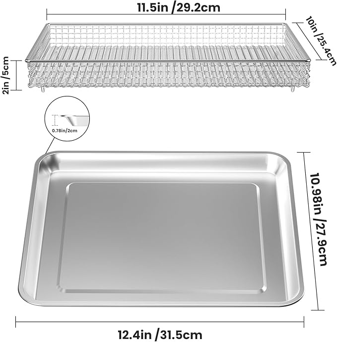 2Pcs Stainless Steel Oven Air Fryer Basket and Tray Replacement for Cuisinar TOA-060 and TOA-065 Toaster Oven Deep Fryer Parts & Accessorie, 12.4"x11" Baking Sheet Tray Pan for Cooking Bread Broiling