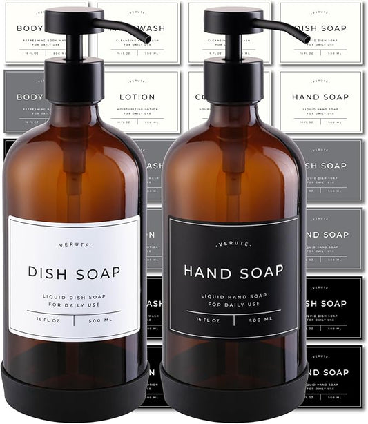 Hand and Dish Soap Dispenser for Kitchen and Bathroom, Set of 2 16 Oz Glass Bottles, Stainless Steel Pumps, Non-Slip Silicone Base, 27 Waterproof Labels (Amber Bottle/Black Pump) by Verute