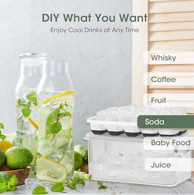 DOQAUS Ice Cube Tray with Lid and Bin - 4 Pack Silicone Ice Cube Trays for Freezer, Stackable Ice Bucket Kits with Storage Container & Scoop for Kitchen, RV, Cocktail, Coffee - Image 4