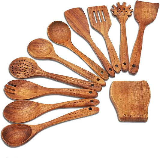 Wooden Spoons for Cooking,Wooden Utensils for Cooking 11 Pcs Wooden Kitchen Utensils Set Wooden Spatulas for Cooking Wooden Cooking Utensils with Holder, 14.37*4.13*3.54, Brown by Gnyonat