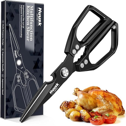HUUSK Kitchen Scissors for Food - Stainless Steel Kitchen Shears, Sharp Black Meat Scissors Dishwasher Safe, Heavy Duty Poultry Shears, Japanese Cooking Scissor for Chicken, Christmas Gifts for Men by HuuskKnife