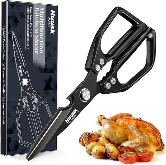 HUUSK Kitchen Scissors for Food - Stainless Steel Kitchen Shears, Sharp Black Meat Scissors Dishwasher Safe, Heavy Duty Poultry Shears, Japanese Cooking Scissor for Chicken, Christmas Gifts for Men by HuuskKnife