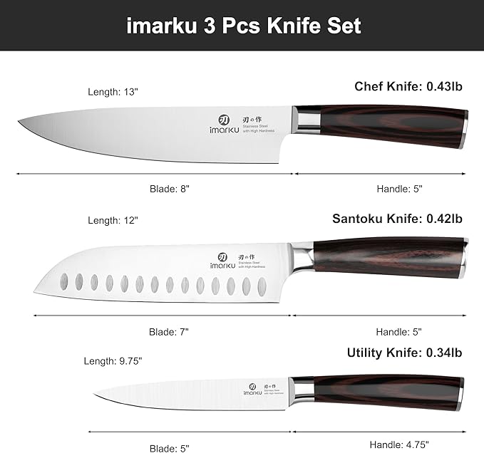 imarku 3 Pieces Knife Set, Japanese High Carbon Stainless Steel Chef Knife Set, Professional Chef Knives with Ergonomic Pakkawood Handle, Ultra Sharp Cooking Knives for Kitchen & Home Cooking - Image 5