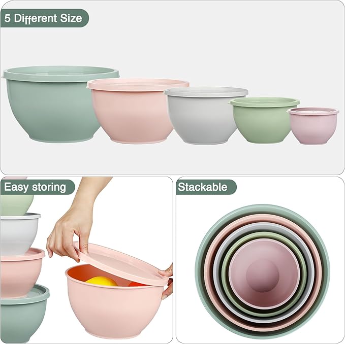 Greentainer Plastic Mixing Bowls with Lids Set for Kitchen, 5 Set Nesting Bowls for Mixing, Baking, Prepping, Cooking and Serving Food, Mixing Bowls Dishwasher, Microwave Safe - Image 6