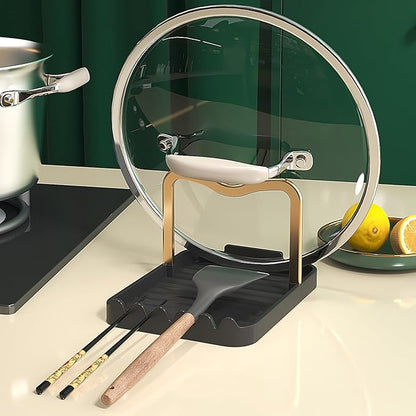 Stainless Steel Pot Lid Holder-Kitchen Organizer & Utensil Storage Rack with Detachable Drain Tray, Non-Slip Anti-Rust Countertop Space Saver for Spoons, Spatulas,Ladles,Tongs (Black Gold) - Image 2
