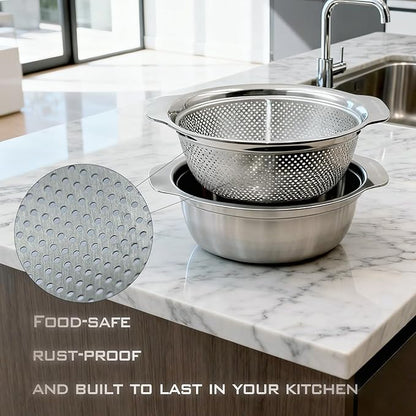 2 PCS Stainless Steel Colander, 3.5 QT 18/8 Stainless Steel Strainer, Colander for Kitchen Made of SUS304 Stainless Steel with Handle for Veggie Fruit Rice Pasta, Easy to Clean