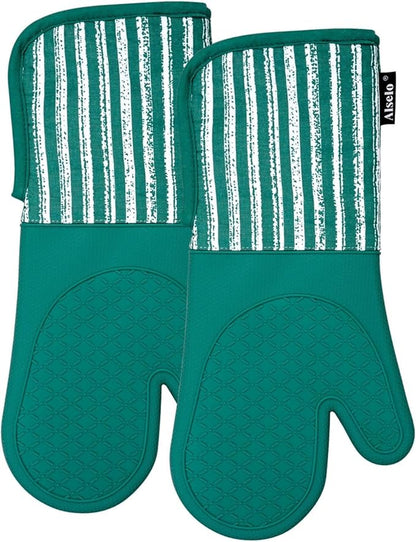 Alselo Silicone Oven Mitts Heat Resistant 932℉ with Waterproof & Non-Slip Kitchen Mittens, Set of 2 Extra Long Oven Gloves with Soft Cotton Terry Lining for Baking Cooking Barbecue (Emerald Green, 2) - Image 9