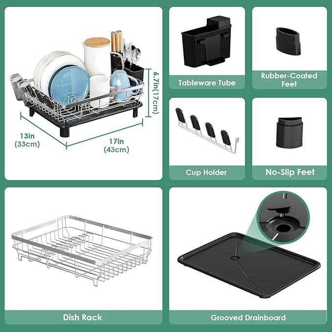 MOUKABAL Dish Drying Rack, Dish Rack, Stainless Steel Dish Racks for Kitchen Counter, Dish Drainer with Removable Utensil Holder, Drainboard (Black,Stainless Steel,13''W x 17''L) - Image 3