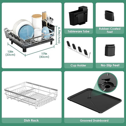 MOUKABAL Dish Drying Rack, Dish Rack, Stainless Steel Dish Racks for Kitchen Counter, Dish Drainer with Removable Utensil Holder, Drainboard (Black,Stainless Steel,13''W x 17''L) - Image 3