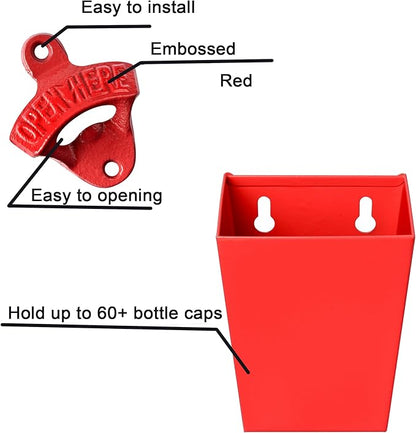 Red Cast Iron Beer Bottle Cap Opener Wall Mounted Soda Opener with Cap Catcher Bucket Narrow Bundle - Image 2