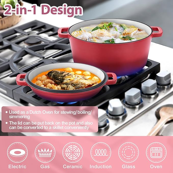 TeamFar 2-In-1 Enameled Cast Iron Dutch Oven, 5 Quart Dutch Oven Pot Cookware with Skillet Lid for Bread Baking Braising Stewing Roasting, Heavy-Duty & Nonstick, Oven Safe & Fit for Induction (Red) - Image 4