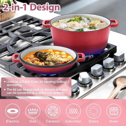 TeamFar 2-In-1 Enameled Cast Iron Dutch Oven, 5 Quart Dutch Oven Pot Cookware with Skillet Lid for Bread Baking Braising Stewing Roasting, Heavy-Duty & Nonstick, Oven Safe & Fit for Induction (Red) - Image 4