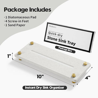 Stone Drying Tray, Gold Sink Caddy, Water Absorbing Faucet Mat Kitchen Sink Organizer, Diatomite Bathroom Counter Coaster, Soap Dish Rack Riser Dispenser Sponge Holder, Beige 10" x 4"