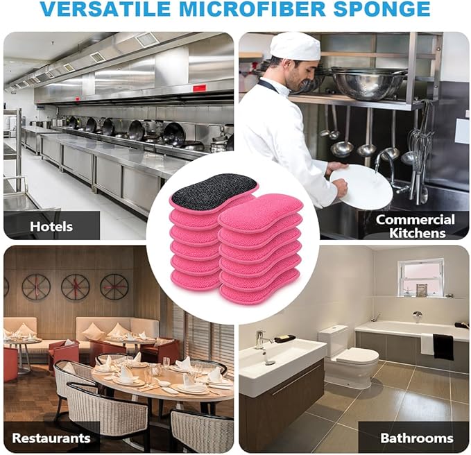 HOMEXCEL 12 Pack Multi-Purpose Scrub Sponges Kitchen Dish Sponge Non-Scratch Microfiber Sponge for Efficiently Cleaning Dishes Pots Pans Pink - Image 7