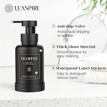 Luxspire Foaming Soap Dispenser, Glass Foam Pump Soap Dispenser, Non-Slip Hand Soap Bottle with 5 Waterproof Labels, 15 Oz Refillable Liquid Soap Bottle for Bathroom & Kitchen, Black, 1 Pack