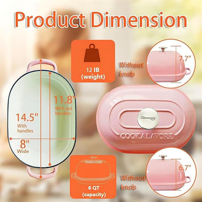 Cast Iron Bread Oven,6 QT Bread Oven,Thick Enameled Loaf Pan with Lid,Bread Pans for Homemade Bread,14.5"Dutch Oven for Bread Baking,Dutch Oven-with Silicone Baking Mat&Recipe,Gifts for Family,Pink